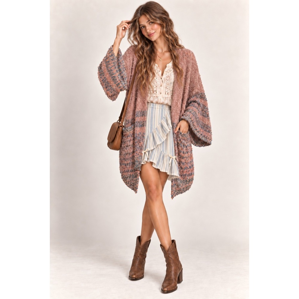 Dusty Rose Bouclé Style Longline Slouchy Knit Cardigan LG Open Front Bell Sleeve